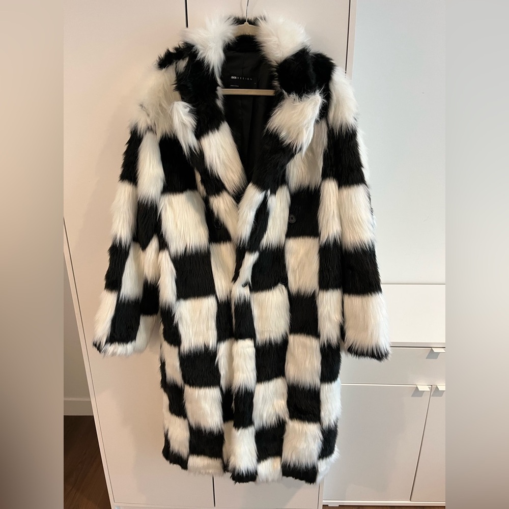 ASOS Design Longline Checkered Faux Fur Statement Coat - Longline Teddy Jacket